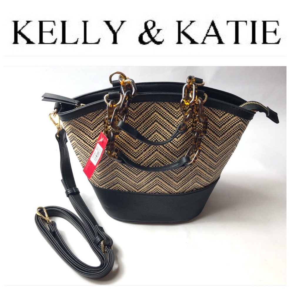 Kelly & Katie Black and Tan Woven Satchel with Tortoiseshell Chain